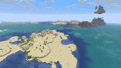 Seaside Desert Village With Floating Mountains, a featured Minecraft seed world
