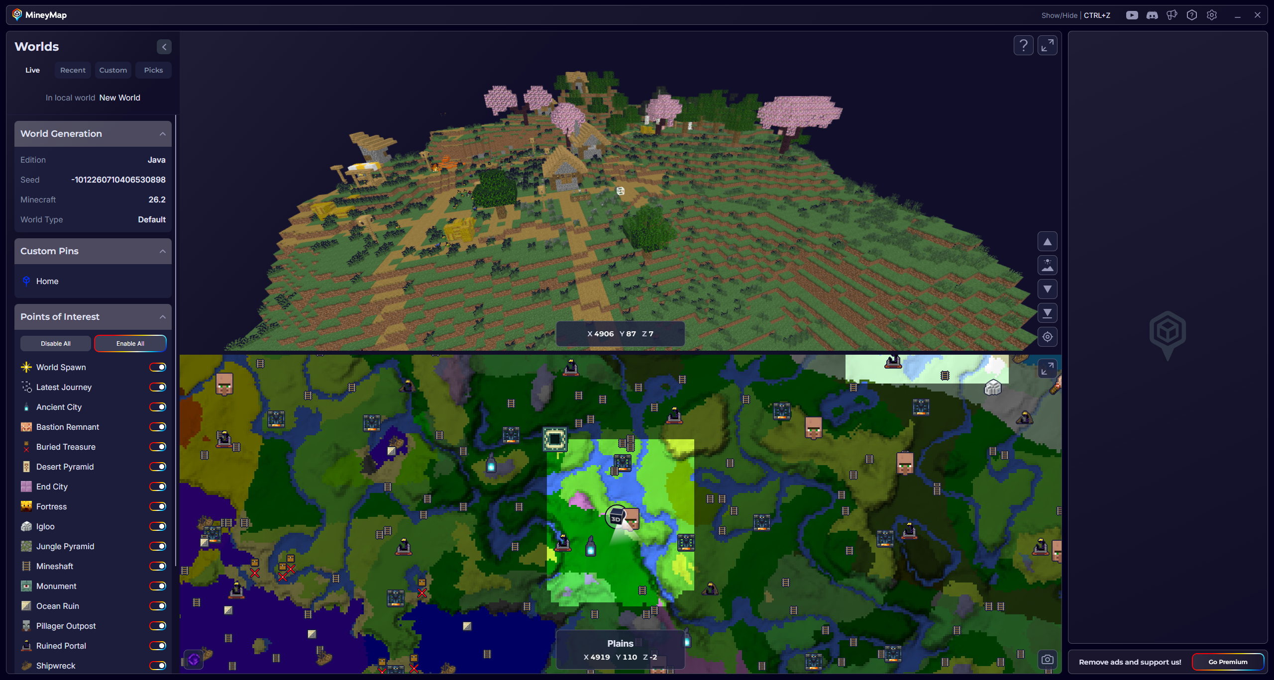 MineyMap 3D ground-level terrain view showing a village above the full map