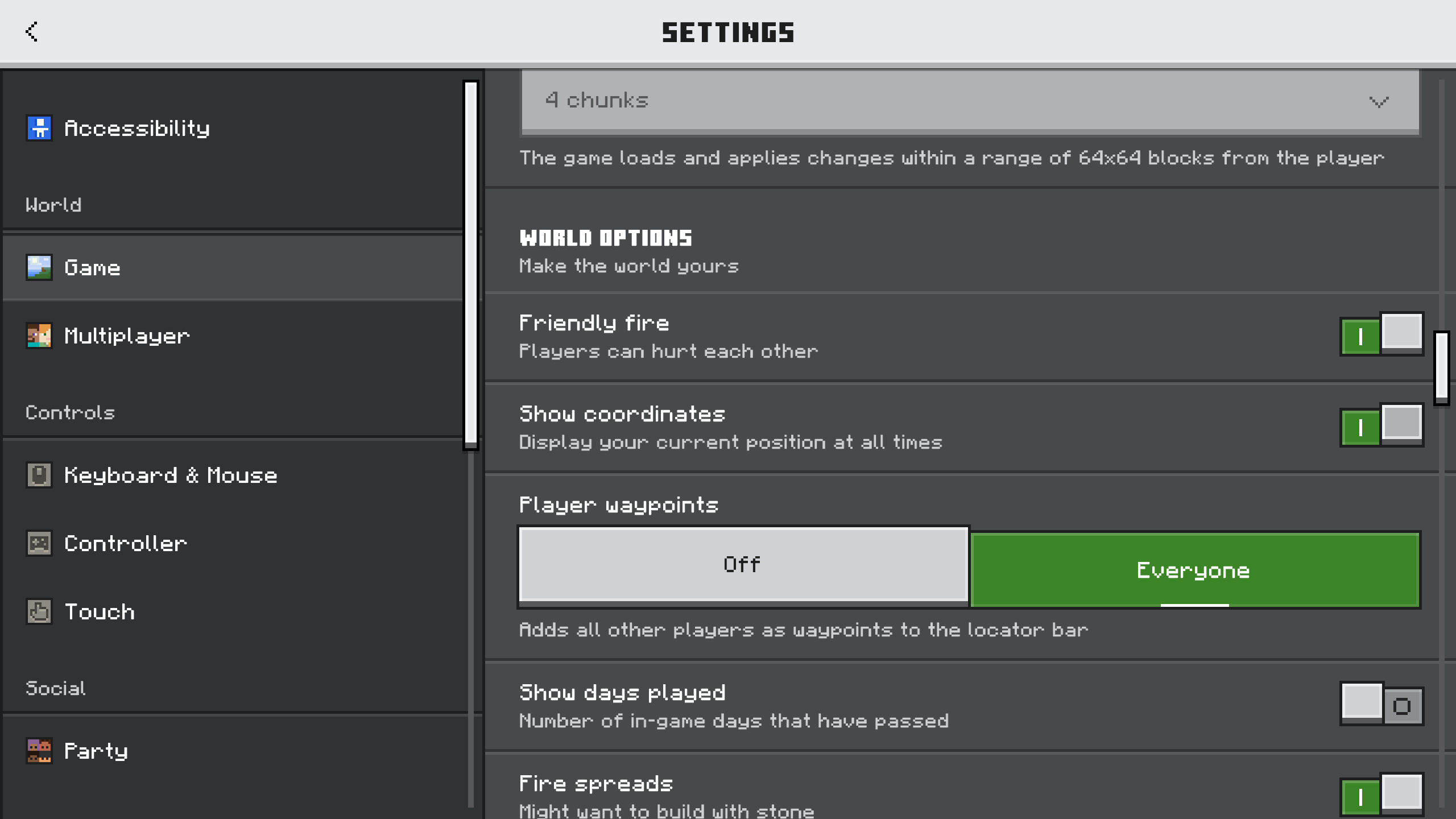 Minecraft Bedrock Game settings with Show Coordinates enabled