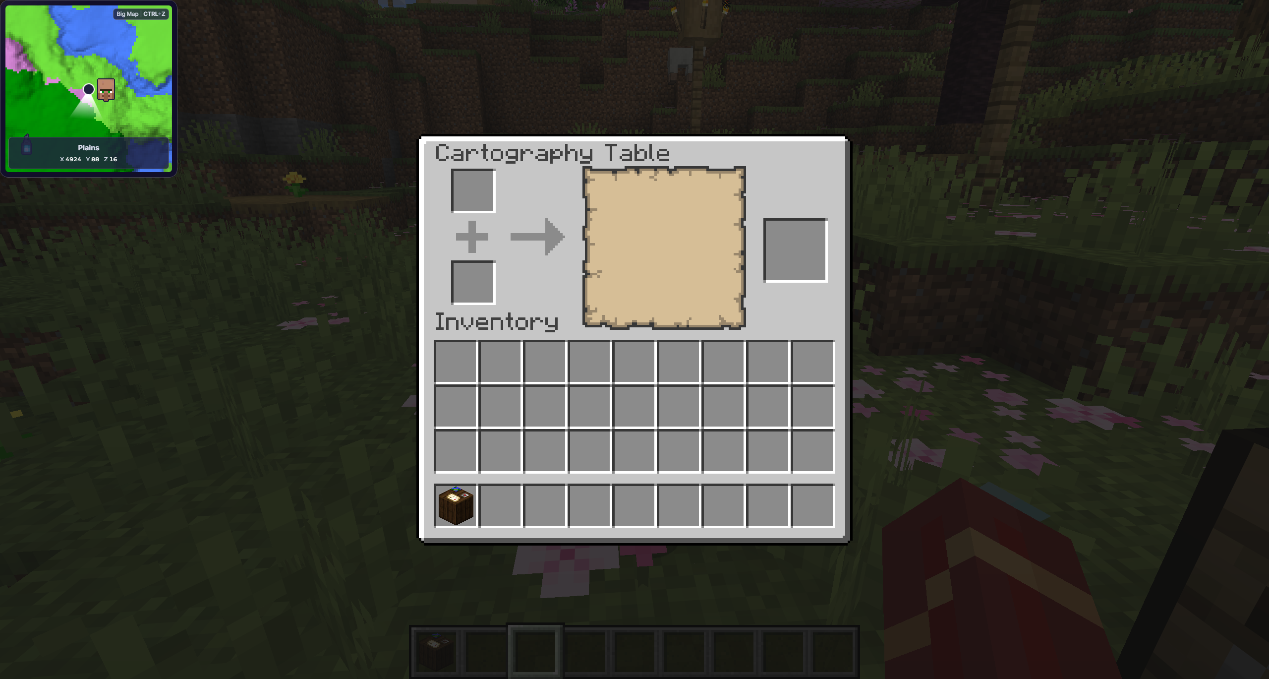 Minecraft cartography table interface open during gameplay