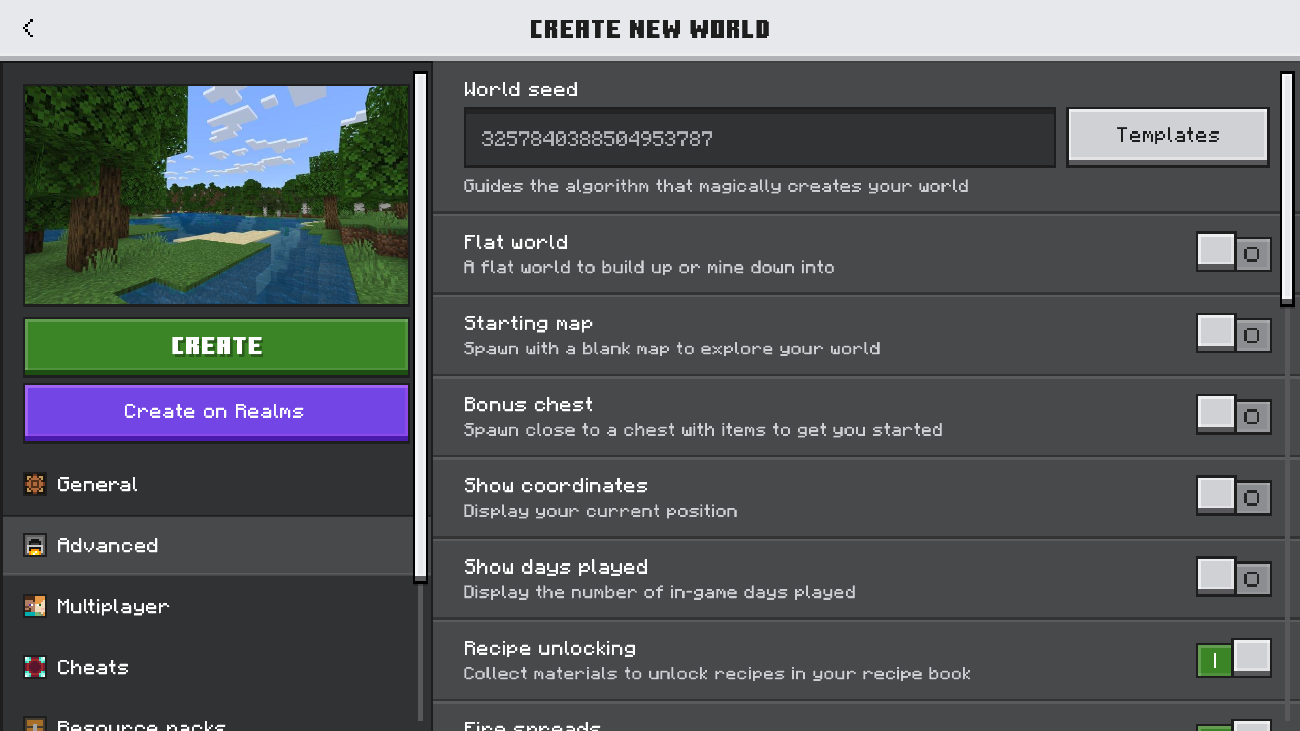 Minecraft Bedrock Create New World screen with the world seed field