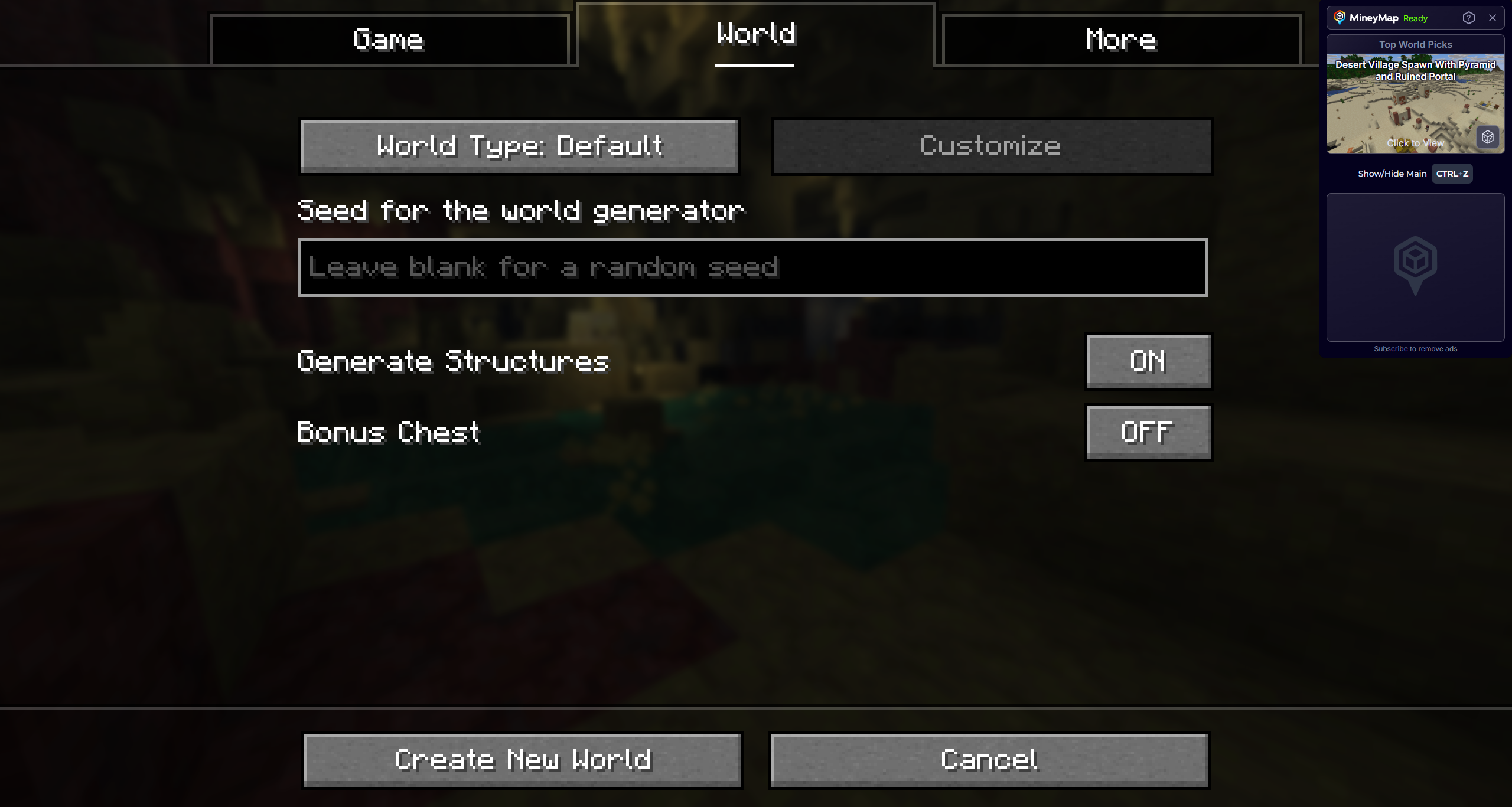 Minecraft Java world creation seed field