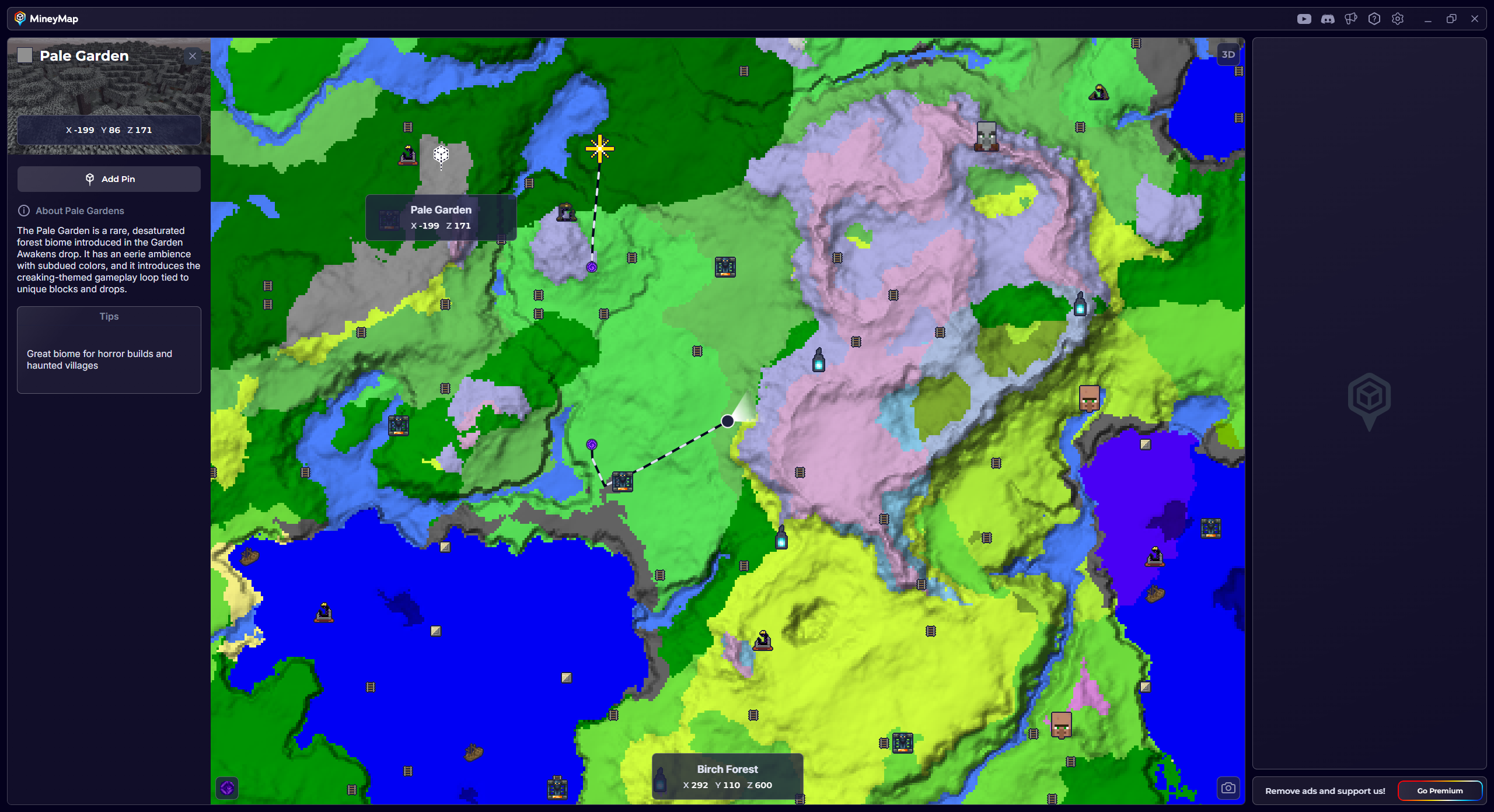 MineyMap showing Pale Garden biome details, coordinates, and its location on the world map