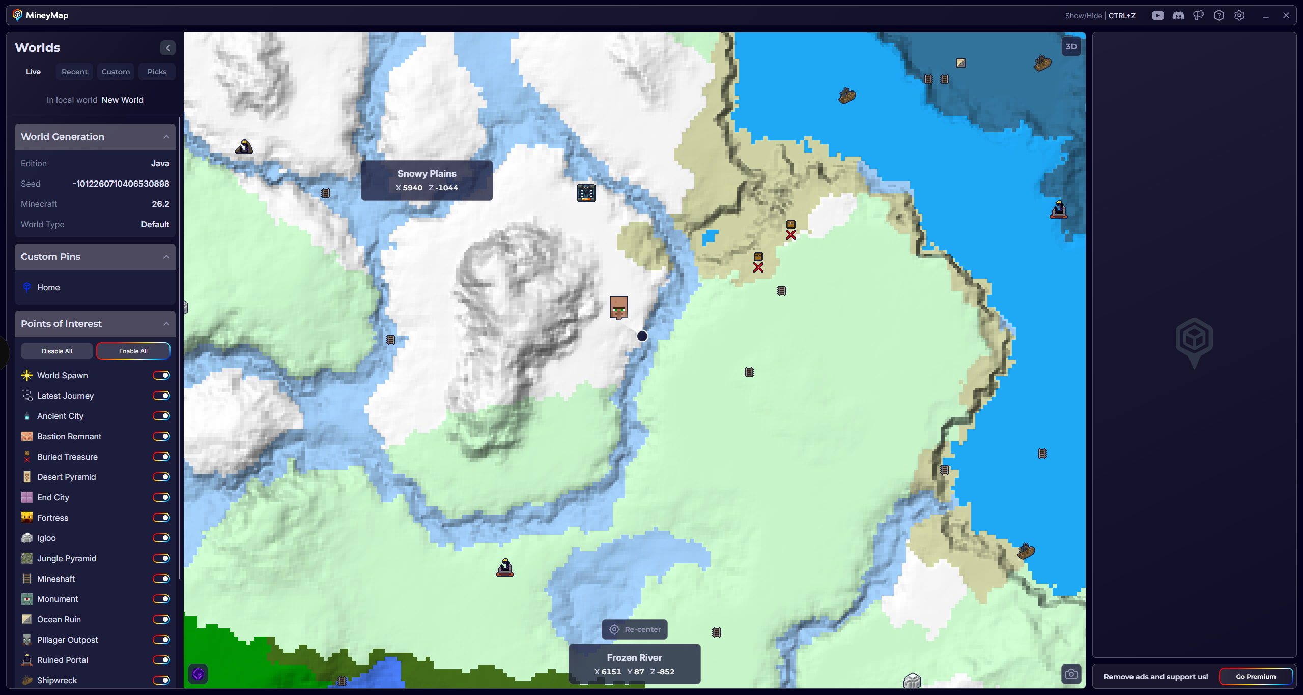 MineyMap mapping an active Java world with snowy terrain, coastline, useful locations, and a live player marker