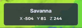 MineyMap coordinate label showing the Savanna biome and live XYZ values