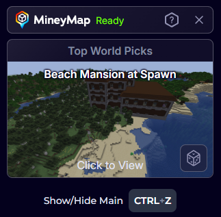 MineyMap companion window showing that Java support is ready while Minecraft is running