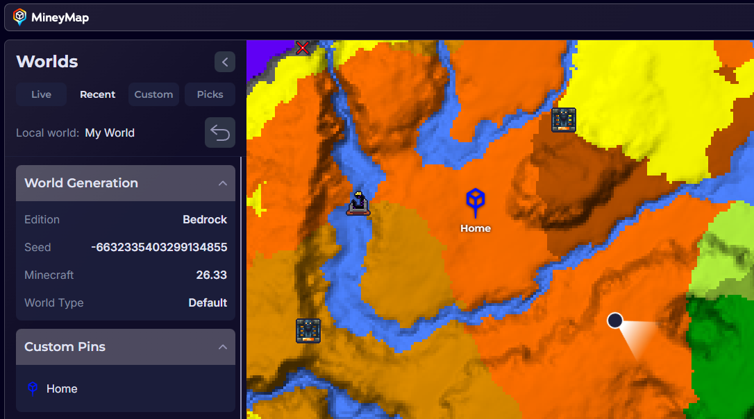 MineyMap showing a named Home pin in a Bedrock world and in the Custom Pins panel