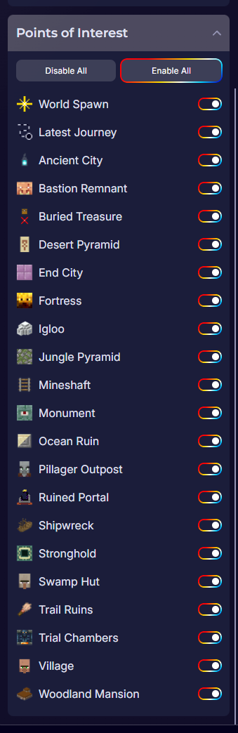 MineyMap points of interest list with supported Minecraft structures