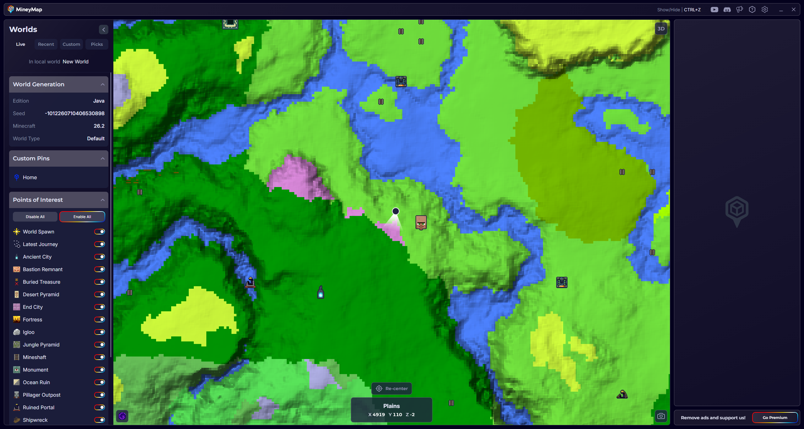 MineyMap zoomed in on detailed Java terrain, biome boundaries, rivers, and a player marker