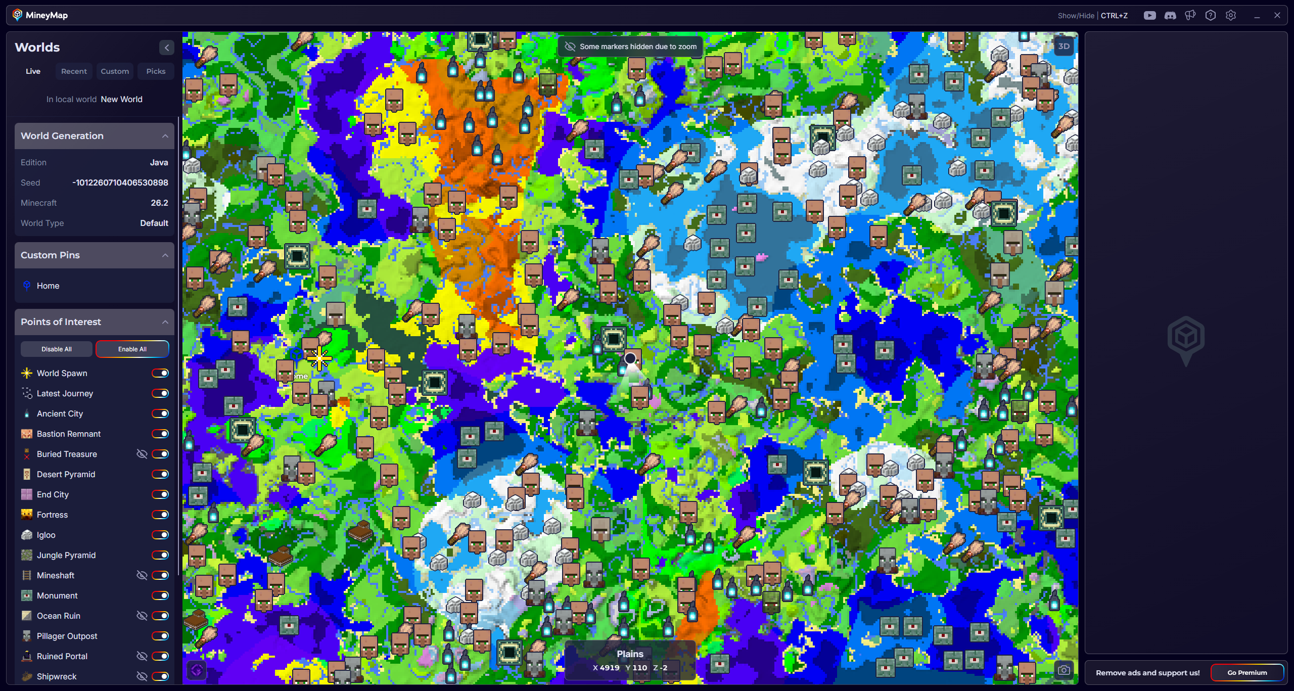 MineyMap zoomed out across a large Java world with biomes and useful locations